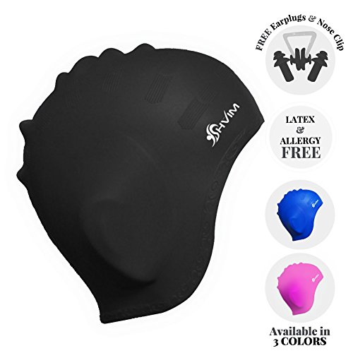 Shvim Swim Shower Cap For Women Men For Long Hair With Ear Protect Pouch - Allergy Free Waterproof Premium Anti Rip Silicone Bathing Beach Cap Hat - Bundle Combo With Nose Clip + Pair Of Ear Plugs