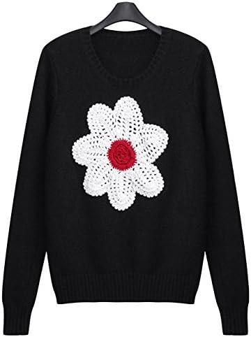 YINMAN Women's Flower Embroided Crewneck Ribbed Knitted Pullover Sweater Black M