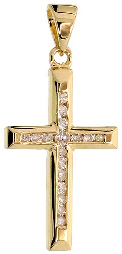 14k Gold 3/4″ (19mm) tall Diamond Latin Cross Pendant, w/ 0.12 Carat Brilliant Cut Diamonds