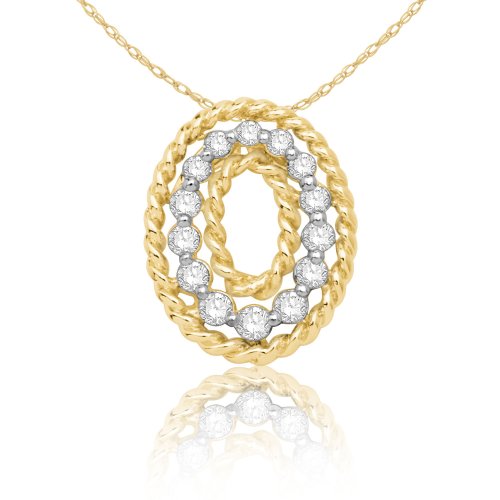 10k Yellow Gold Diamond Textured Circle Pendant (1/10 cttw, H-I Color, I2 Clarity), 18"