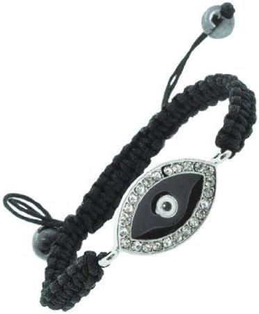 Rhinestone Beads Inlaid Evil Eye Draw String Macrame Bracelet (Black)