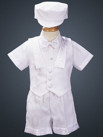 White Paisley Detailed Christening Baptism Vest and Short Set with Hat