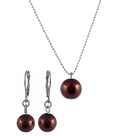 Necklace - Earrings Set - N54 - Glass Pearl Drop (10 mm) hung on 1 mm Ball Chain ~ Brown