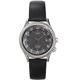 Timex 29091 Women's Round Silver-Tone ALARM Watch with Deep Gray Dial and Black Genuine Leather Strap