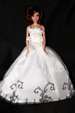 White Barbie Sized Doll Ball Gown w/ Black Embroidered Trim