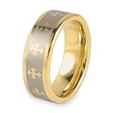 Gold Plated Polished Tungsten Carbide Band with Laser Cross Design (8.0mm) - Sizes 6 - 13