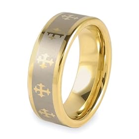 Gold Plated Polished Tungsten Carbide Band with Laser Cross Design (8.0mm) - Sizes 6-13