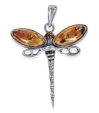 Alluring Amber Dragonfly 50 MM X 38 MM Charm Sterling Silver Pendant