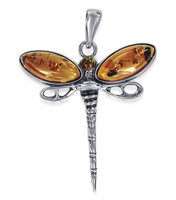 .925 Sterling Silver 50mm x 38mm Marquise Alluring Amber Dragonfly Charm Pendant