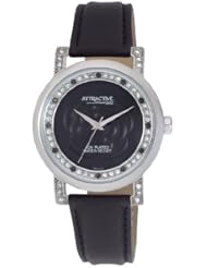 Q and Q Attractive ION-PLATED women Silver Case with rhinestones black Band