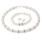 Genuine Swarovski Crystal Pearl Royal Necklace/Bracelet/Earring Set with All Around Rondelles - White (8mm)