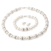 Genuine Swarovski Crystal Pearl Royal Necklace/Bracelet/Earring Set with All Around Rondelles - White (8mm)