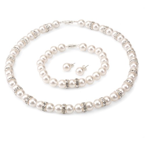 Childrens Toyshop  Jewelry : Genuine Swarovski Crystal Pearl Royal Necklace/Bracelet/Earring Set with All Around Rondelles - White (8mm)