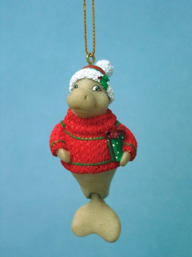 Manatee Christmas Ornament w/ Santa Hat & Hinged Tail