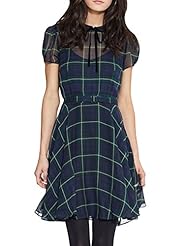A-line Plaid Print Elbow Length Sleeves  Pleated Cutout Above the Knee Empire   Waistline Polyester  Dress With a Bow(s)