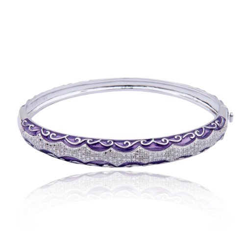 Platinum Plated Sterling Silver Genuine Diamond Accent and Black Epoxy Bangle Bracelet, 7.25