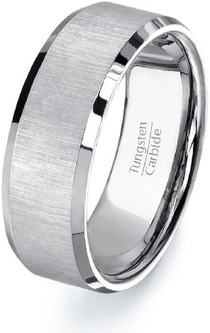 8mm Mens Wedding Band Brushed Middle Tungsten Ring, HIGH QUALITY Tungsten Carbide Flat with Satin Finish Center Polished Edges
