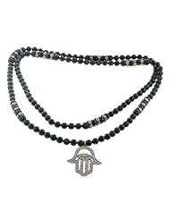 Ethnic Style Sterling Silver Black Onyx Strand Beaded Hamsa Pendant Necklace
