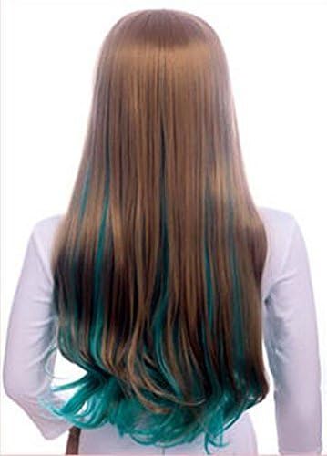 RoyalStyle 26"65cm Long Curly Wig Brown Mixed Blue Cosplay Wavy Hair Wig(BrownBlue)