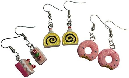 3 Cute Pairs of Kawaii Girls Strawberry Short Cake, Swiss Roll & Bitten Donut Earrings from Jenna Lyn