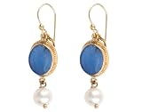 14k Yellow Gold Oval Blue Venetian Glass and Pearl Dangle Earrings by Tagliamonte