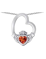 Celtic Love By Kelly (tm) Floating Heart Irish Claddagh Pendant with Heart Shape Simulated Orange Mexican Fire Opal in 925 Sterling Silver