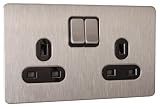 Schneider Electric Ultimate Twin Switched Socket 13A Screwless Stainless Steel Flat Plate - Black Insert