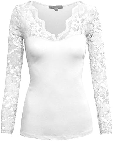 Women's Fitted Cotton Casual Scalloped Floral Lace V Neck Long Sleeve Shirt Top
