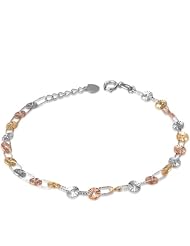 14K Italian Tri-Color Yellow Rose White Gold Round Disc Link Chain Bracelet (6.5") Women Jewelry, Free Gift Box