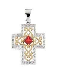 14K Two-Tone Gold Ruby and Diamond Anniversary Cross Pendant - 22.00x18.50mm -- LIFETIME WARRANTY