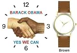 Black & White Handshake - Barack Obama - Yes We Can - President Barack Obama Commemorative - WATCHBUDDY��� DELUXE TWO-TONE THEME WATCH - Arabic Numbers - Brown Leather Strap-Size-Children's Size-Small ( Boy's Size & Girl's Size )
