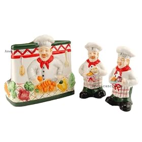 Click here to buy Ceramic Gourmet Chef salt and pepper shaker w  Napkin holder..Wooden Spice rack and Coffee... by Housewares.