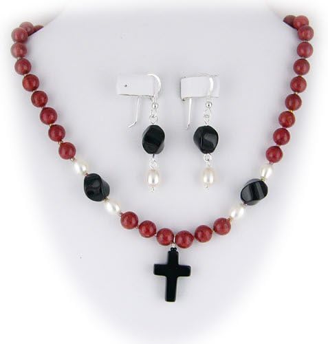 Black Onyx Cross Red Coral Sterling Silver Necklace Earrings Set