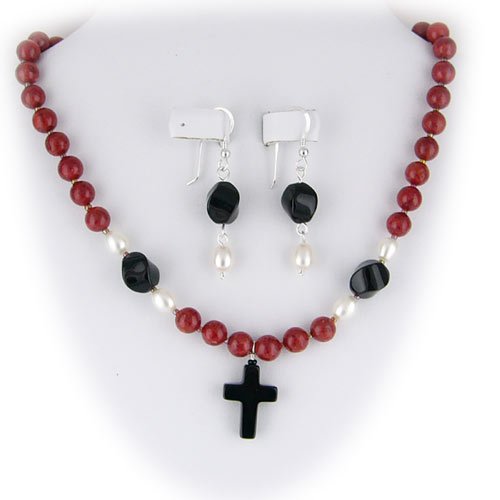 Black Onyx Cross Red Coral Sterling Silver Necklace Earrings Set