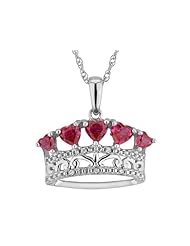Created Ruby Queen of My Heart Crown Pendant Necklace with Diamonds in Sterling Silver with Chain