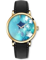SPRAWL Aanalog Fashion Series Gold Ladies Watches of Genuine Black Leather Strap,Unique Wrist Watch for Women Girls Designed with Blue Star