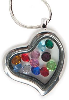 Mother's Day Heart-Shaped Floating Glass Charm Locket - Includes 12 Birthstone Gems and Tinseled Tokens Bag
