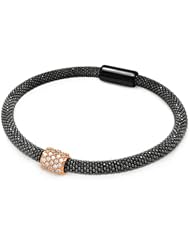 Rose Gold Cubic Zirconia Bar On A Black Rhodium Plated Sterling Silver Italian Bead Band Bracelet Length 7 " Bar Width 8mm Lock Magnetic