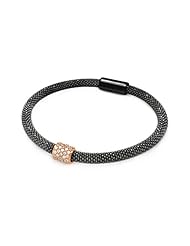 .925 Sterling Silver Black Rhodium Plated Mesh Design 8mm Italian Bracelet Band with Rose Gold Plated Pave CZ Bar Center - 7" Inches