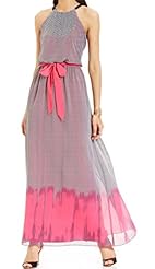 Belted Halter Polyester Full Length Chevron Print Maxi Dress 