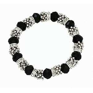 Black Glass Bead and Rhinestone Stretch Bangle Bracelet 
