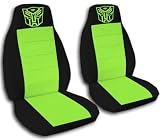 Two black and lime green Robot seat covers, for a 2012 Chevrolet Cruze. Side airbag friendly.