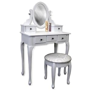 White Vanity Table Set Jewelry Armoire Makeup Desk Bench Drawer