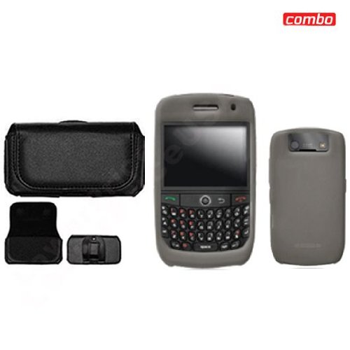 Blackberry Curve 8900 Javelin Combo Trans. Smoke Silicon Skin Case Faceplate Cover + Black Horizontal Leather Pouch for Blackberry Curve 8900 Javelin