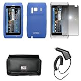 EMPIRE Black Leather Case Pouch with Belt Clip and Belt Loops + Blue Silico ....