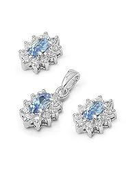 Sterling Silver Wreathed Blue Topaz and Clear CZ Pendant with Earrings Jewelry Set