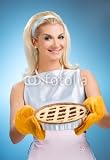 Wallmonkeys Peel and Stick Wall Decals - Beautiful Woman Holding Hot Italian Pie. Retro Stylized Portrait - Removable Graphic