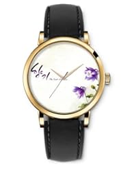 SPRAWL Aanalog Fashion Series Gold Ladies Watches of Genuine Black Leather Strap,Unique Wrist Watch for Women Girls Designed with White background with purple flowers