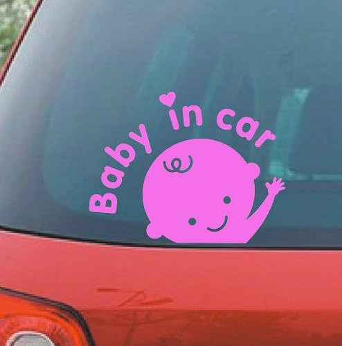BABY IN CAR baby safety sign baby waving (size: 6.5" color: SOFT PINK) Vinyl Decal Window Sticker for Cars, Trucks, Windows, Walls, Laptops, and other stuff.