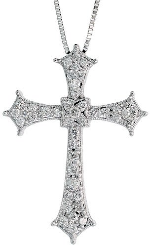 14k White Gold 18″ Box Chain & 1 3/16″ (30mm) tall Diamond Cross Pendant, w/ 0.55 Carat Brilliant Cut Diamonds